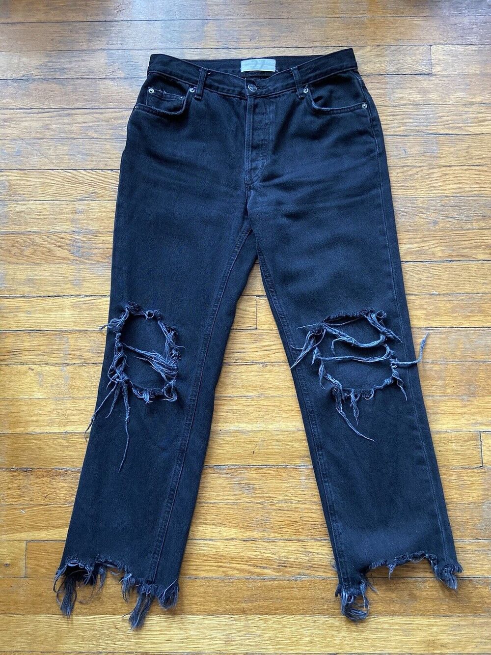 FREE PEOPLE Black Button-Fly Distressed Fringe Bottom Jeans sz 27 (Actual 28W)